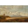 Pittore inglese (fine XIX sec.) - Paesaggio romantico pescatore al lago. 