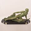 ART DÉCO, ANTICHE SCULTURE IN ANTIMONIO, UOMO CON LANCIA, RONCOURT, SCULTORE FRANCESE. (STAN94)