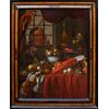 Carstian Luyckx (1627-1675 circa), Natura morta con pappagallo, scimmia e personaggio dietro la finestra