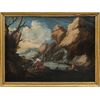 Pittore italiano (XVII-XVIII secolo) - Paesaggio fluviale con pescatori. 