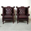 Coppia di poltrone chesterfield Queen Anne nuova inglese originale in pelle rosso bordeaux anticato 