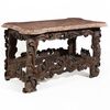 Tavolo in legno intagliato di noce e marmo broccatello di Spagna, Italia, XVII-XVIII secolo