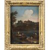 Pittore veneziano (XVIII sec.) - Paesaggio fluviale con personaggi.