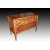 Comò francese di inizio 1800 stile Luigi XVI in legno di noce con intarsi geometrici e bronzi