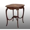 Antique English Edwardian coffee table in solid mahogany with inlay inserts in precious woods.19th century period.     