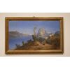 Antique English painting from the 1800s, oil on canvas, depicting a mountain landscape with a lake.
