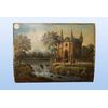 Antique small English oil painting on panel from the 1800s, castle with figures
