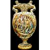 Maiolica vase with handles in the shape of harpies and decoration in the style of Raphael and grotesque designs. Cantagalli, Florence.
