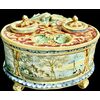 Majolica inkwell with 4 feet, leaf-shaped handle, and decoration with medallions featuring landscapes and figures. Minghetti Manufacture. Bologna.