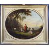 Antique French painting from the 1800s, oil on oval panel with pickled lacquered frame, shepherd with lady and flock.