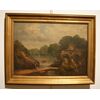 Olio su tela paesaggio campestre con personaggi e corso d'acqua