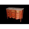 Extraordinary French Transition style chest of drawers from the 1800s with rich inlaid motifs, marble top and bronzes