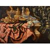 Antonio Tibaldi (Roma, 1633 c. - 1684), Natura morta con oggetti preziosi, tessuti broccati e piatto con dolciumi