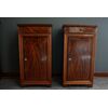 Pair of French Charles X style bedside tables from the 1800s in flamed walnut with marble top