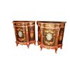 Pair of precious small Louis XV style servant sideboards in richly inlaid wood with Sevres porcelain medallion