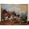 Olio su tela austriaco del 1800 raffigurante paese di montagna e animali
