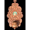 Acquasantiera in legno scolpito con motivi vegetali stilizzati e miniatura.Madonna con Bambino.