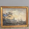Antique 18th-century grisaille painting on paper, marine port scene. Gilded frame. Size 67 x 51 cm.