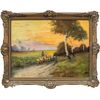Pittore inglese (XIX sec.) - Paesaggio con gregge al tramonto.