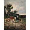 Pittore europeo (fine XIX sec.) - Paesaggio con mucche e gregge di pecore.