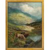 Pittore inglese (fine XIX sec.) - Paesaggio con mandria di Highlands al lago.