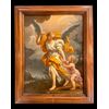 Oil painting on canvas depicting a Guardian Angel with child.