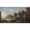 Capriccio with architectural ruins and harbor view - painting on canvas