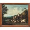 Pittore italiano (XVIII sec.) - Paesaggio arcadico con pastori e gregge.