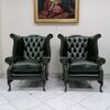 Pair of English chesterfield Queen Anne armchairs new original in antiqued green leather     