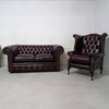 New original Chesterfield English set in antiqued burgundy red leather: two-seater club sofa and Queen Anne armchair     
