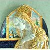 Formella-Altorilievo  devozionale in maiolica raffigurante Madonna su sfondo paesaggistico dipinto.Manifattura di Signa.Toscana