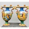 Pair of majolica vases with grotesque handles and Urbino-style historiated decoration Brand SCA Pesaro (Molaroni)     