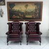 Pair of English Queen Anne chesterfield armchairs original new in antiqued bordeaux red leather     