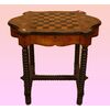 Antique coffee table from the 1800s in briar with checkerboard and floral inlays     