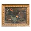 Dipinto olio su tela, pittura di genere raffigurante interno interno di una cantina con figura femminile