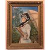 Dipinto olio su tela raff. Dama con ombrellino
