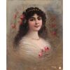 Antico dipinto ritratto di donna con rose olio su tela
