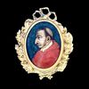Copper miniature depicting Saint Charles Borromeo. Bronze frame with leaf motif and intertwined knot (more recent).     