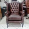 English chesterfield Queen Anne armchair new original in antiqued dark brown leather     