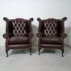 Pair of new original English chesterfield armchairs in dark brown leather     