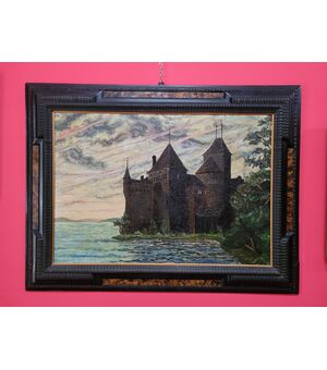 Dipinto "Veduta del Castello di Chillon " Lago di Lemano ( di Ginevra ) olio su faesite
