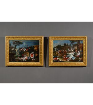 Coppia di dipinti raffiguranti Nature morte composizione di fiori e anguria e giardino sullo sfondo, Francesco Lavagna (Napoli 1684-1724) 