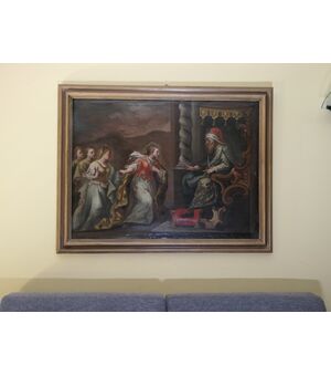 Dipinto olio su tela raffigurante scena di corte  XIX
