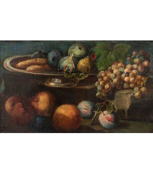 Scuola emiliana, XVIII secolo,  Natura morta con frutta e biscotti