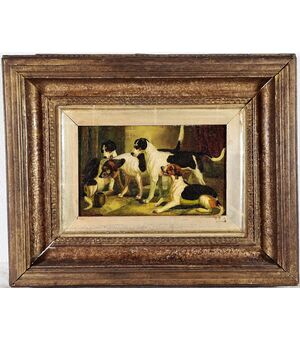 123) Dipinto ad olio su tavola  "Quattro cani"