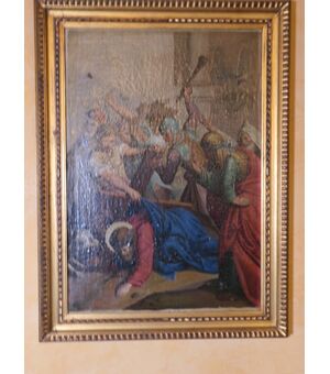 Antico dipinto italiano religioso Via Crucis del XIX secolo olio su tela