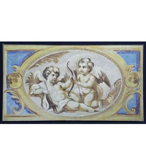 "Coppia di Cupidi" grande affresco su tela intonacata - Italia XX sec.
