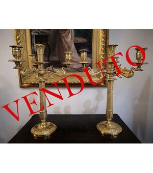 Pair of candlesticks in gilded bronze, Empire period     