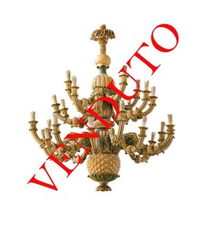 Large and particular chandelier in carved and lacquered wood     