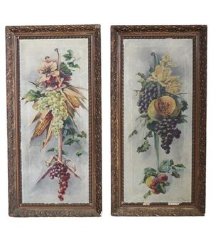 Coppia dipinti olio su tela epoca Art Nouveau, composizione con fiori e frutta PREZZO TRATTABILE